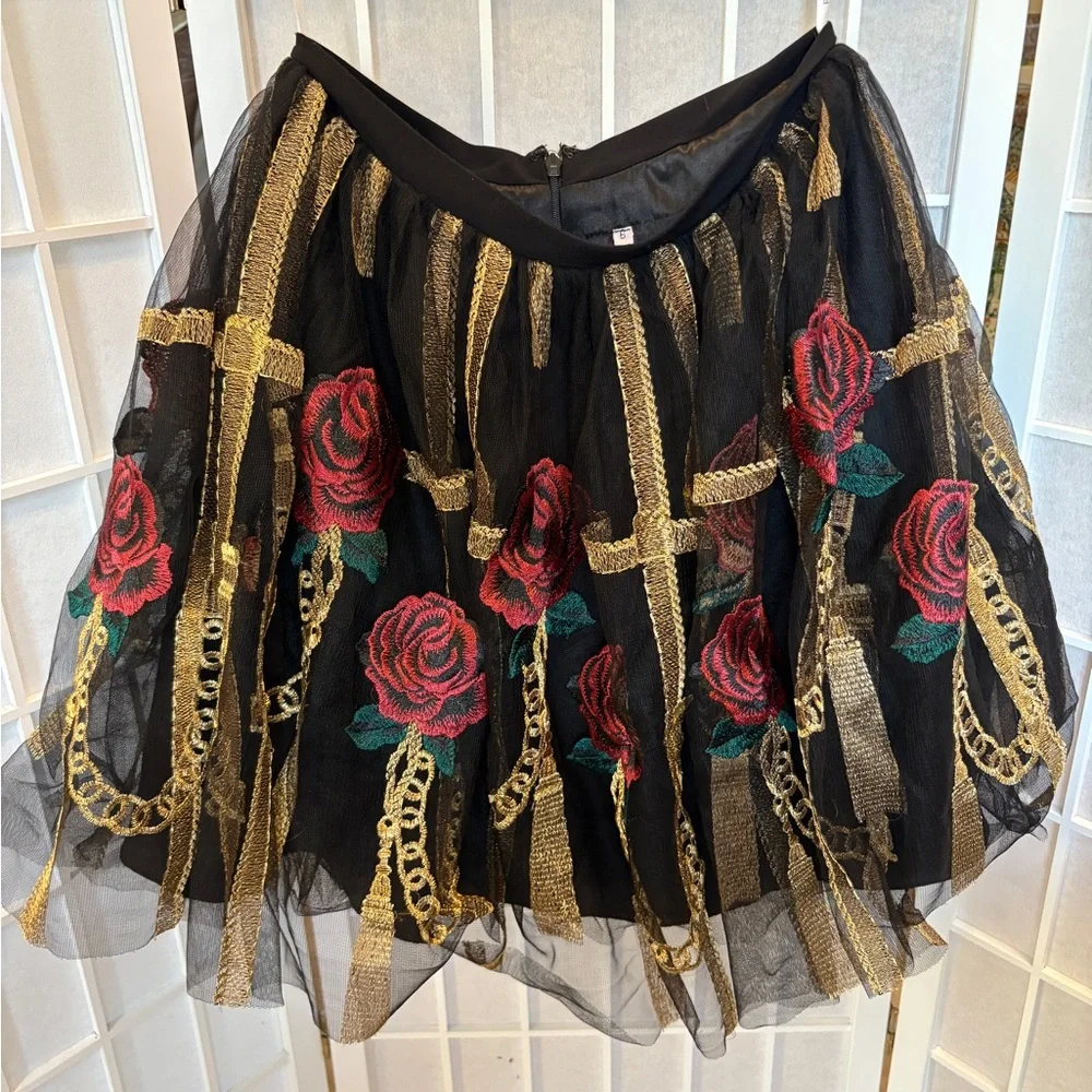 Rachel Allen Witchy Fairy Grunge Whimsigoth Black Rose Chain Baroque Sz 6 Skirt‎
